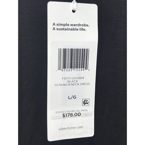 Eileen Fisher Stretch Jersey Knit Scrunch Neck Knee Dress Black Large NEW - Picture 7 of 9